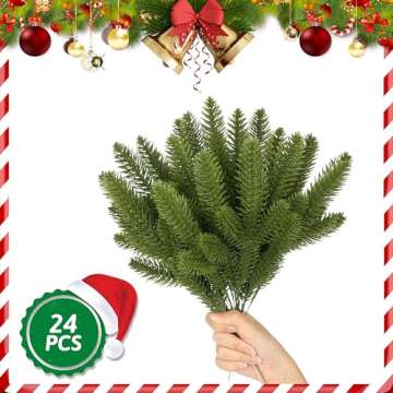 24 PCS Artificial Christmas Pine Needle Branches, Cedar Fake Green Sprigs for Holiday Decor, Wreath Garland and DIY Crafts Faux Christmas Greenery Stems Picks for Indoor Outdoor Seasonal Decorations