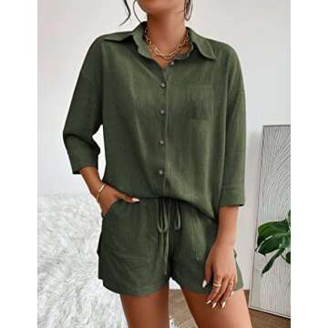 Beyove Summer Women's Casual Two Pieces Tracksuit 3/4 Sleeve Button-Down High Low Shirt High Waisted Shorts Set, Army Green L