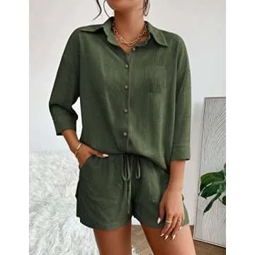 Beyove Summer Women's Casual Two Pieces Tracksuit 3/4 Sleeve Button-Down High Low Shirt High Waisted Shorts Set, Army Green L