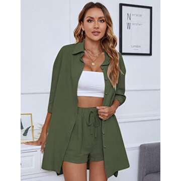 Beyove Summer Women's Casual Two Pieces Tracksuit 3/4 Sleeve Button-Down High Low Shirt High Waisted Shorts Set, Army Green L