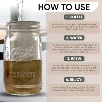 Cold Brew Coffee Maker for Wide Mouth Mason Jar - Stainless Steel Iced Coffee Cold Brew Filter & Infuser Maker for Tea & Fruit Water -Versatile Mason Jar Coffee Brewer & Tea Strainer Kit (32oz/1qt)