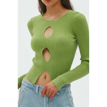 CHYRII Womens Sexy Fall Fashion Cutout Tops Ribbed Knit Winter Pullover Sweater Going Out Crop Tops ...