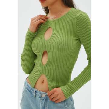 CHYRII Womens Sexy Fall Fashion Cutout Tops Ribbed Knit Winter Pullover Sweater Going Out Crop Tops Green M