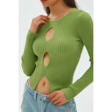 CHYRII Womens Sexy Fall Fashion Cutout Tops Ribbed Knit Winter Pullover Sweater Going Out Crop Tops Green M