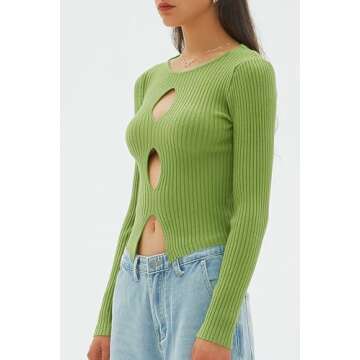CHYRII Womens Sexy Fall Fashion Cutout Tops Ribbed Knit Winter Pullover Sweater Going Out Crop Tops Green M