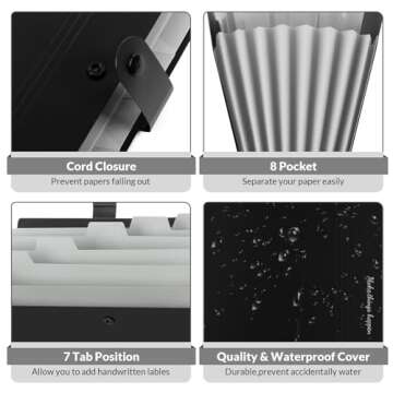 SKYDUE 8 Pockets Expanding File Folders, Accordion Folders, Portable Paper Bill Receipt Organizer, Letter Size, Home College School Office Supplies, Black