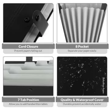 SKYDUE 8 Pockets Expanding File Folders, Accordion Folders, Portable Paper Bill Receipt Organizer, Letter Size, Home College School Office Supplies, Black