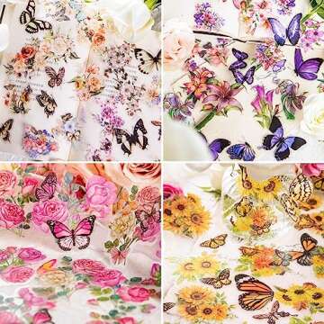 Knaid 300 Pieces Assorted Butterfly and Flower Stickers, Transparent Butterflies Floral Resin Decals Aesthetic Journaling Scrapbook Stickers for Card Making Bullet Junk Journal Planner Craft Supplies
