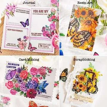 Knaid 300 Pieces Assorted Butterfly and Flower Stickers, Transparent Butterflies Floral Resin Decals Aesthetic Journaling Scrapbook Stickers for Card Making Bullet Junk Journal Planner Craft Supplies