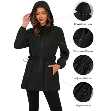 TCOT Women's Lightweight Rain Jacket Hooded Rain Coats Waterproof Windbreaker Jackets Packable Travel Jacket Black XL