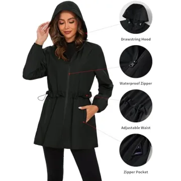 TCOT Women's Lightweight Rain Jacket Hooded Rain Coats Waterproof Windbreaker Jackets Packable Travel Jacket Black XL