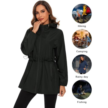TCOT Women's Lightweight Rain Jacket Hooded Rain Coats Waterproof Windbreaker Jackets Packable Travel Jacket Black XL