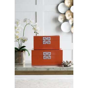 A&B Home Decorative Box Set in Bold Orange with Silver Accents