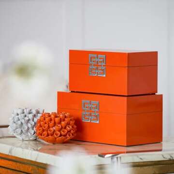 A&B Home Decorative Box Set in Bold Orange with Silver Accents