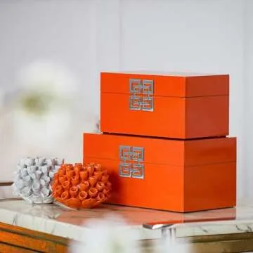 A&B Home Decorative Box Set in Bold Orange with Silver Accents