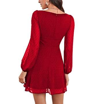 LYANER Women's Polka Dots Square Neck A line Long Sleeve Swiss Dots Mini Dress Red Medium