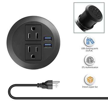 Desk Power Plug Grommet, USB Output 4 Amp, Recessed Power Strip Socket, Fits 3 1/8" Grommet Hole, 2 Outlet 6.5 ft Extension Cord