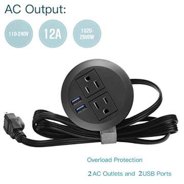 Desk Power Plug Grommet, USB Output 4 Amp, Recessed Power Strip Socket, Fits 3 1/8" Grommet Hole, 2 Outlet 6.5 ft Extension Cord