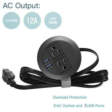 Desk Power Plug Grommet, USB Output 4 Amp, Recessed Power Strip Socket, Fits 3 1/8" Grommet Hole, 2 Outlet 6.5 ft Extension Cord