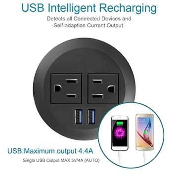 Desk Power Plug Grommet, USB Output 4 Amp, Recessed Power Strip Socket, Fits 3 1/8" Grommet Hole, 2 Outlet 6.5 ft Extension Cord