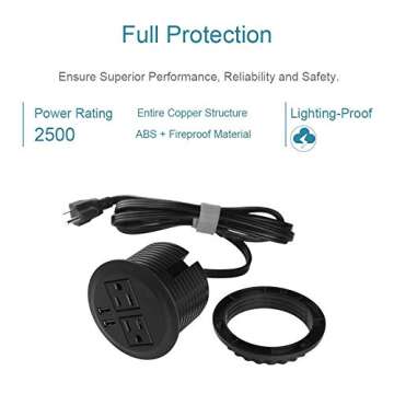 Desk Power Plug Grommet, USB Output 4 Amp, Recessed Power Strip Socket, Fits 3 1/8" Grommet Hole, 2 Outlet 6.5 ft Extension Cord