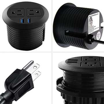Desk Power Plug Grommet, USB Output 4 Amp, Recessed Power Strip Socket, Fits 3 1/8" Grommet Hole, 2 Outlet 6.5 ft Extension Cord