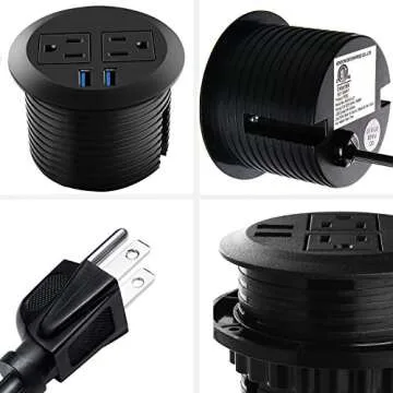 Desk Power Plug Grommet, USB Output 4 Amp, Recessed Power Strip Socket, Fits 3 1/8" Grommet Hole, 2 Outlet 6.5 ft Extension Cord
