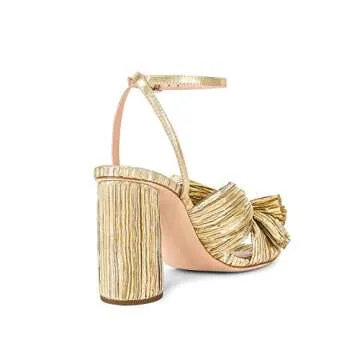 MICIFA Gold Bow Heels for Women, Ankle Strap Block Chunky Heels Open Toe Bow Knot Heeled Sandals Bride Wedding Shoes