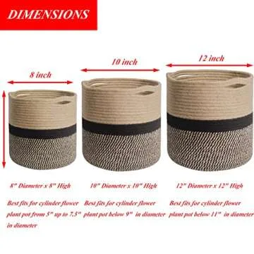 YDQUANI Woven Cotton Rope Plant Basket for Flower Pot Indoor Planters, 10" x 10" Jute Foldable Storage Basket Organizer Modern Decor Household Laundry Basket