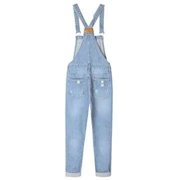 AvaCostume Women's Adjustable Strap Ripped Denim Overalls LightBlue XS