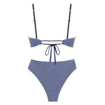 ZAFUL Women's V Neck Bikini Set High Waisted Swimsuits Lace Up Bow Decor Cheeky Two Piece Bathing Suit(1-Deep Blue, M)