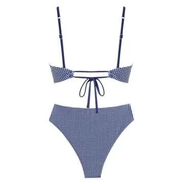 ZAFUL Women's V Neck Bikini Set High Waisted Swimsuits Lace Up Bow Decor Cheeky Two Piece Bathing Suit(1-Deep Blue, M)