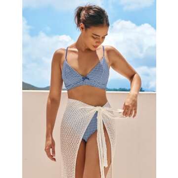 ZAFUL Women's V Neck Bikini Set High Waisted Swimsuits Lace Up Bow Decor Cheeky Two Piece Bathing Suit(1-Deep Blue, M)