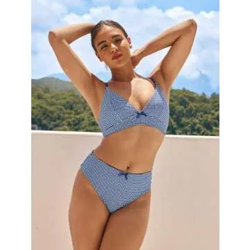 ZAFUL Women's V Neck Bikini Set High Waisted Swimsuits Lace Up Bow Decor Cheeky Two Piece Bathing Suit(1-Deep Blue, M)