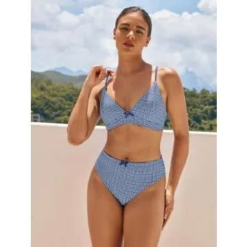 ZAFUL Women's V Neck Bikini Set High Waisted Swimsuits Lace Up Bow Decor Cheeky Two Piece Bathing Suit(1-Deep Blue, M)