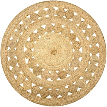 FRELISH DECOR Handwoven Jute Area Rug - 4 feet Round Natural Yarn - Rustic Vintage Beige Braided Rev...