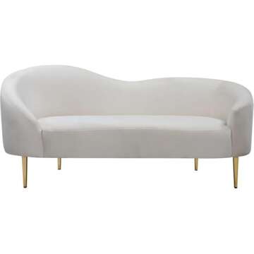 Meridian Furniture Ritz Collection Modern | Contemporary Velvet Upholstered Loveseat with Sturdy Metal Legs in Rich Gold Finish, Cream, 67" W x 31.75" D x 30.5" H