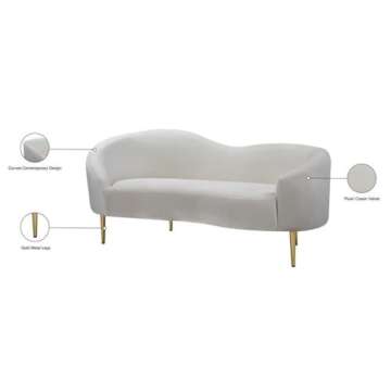 Meridian Furniture Ritz Collection Modern | Contemporary Velvet Upholstered Loveseat with Sturdy Metal Legs in Rich Gold Finish, Cream, 67" W x 31.75" D x 30.5" H