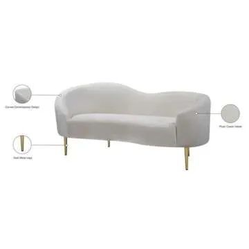 Meridian Furniture Ritz Collection Modern | Contemporary Velvet Upholstered Loveseat with Sturdy Metal Legs in Rich Gold Finish, Cream, 67" W x 31.75" D x 30.5" H