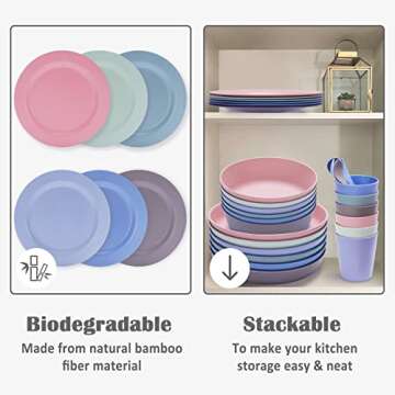 HM-tech 6pcs Bamboo Toddler Plates (8" x 8"), Bamboo Kids Plates for Baby Feeding, Toddler Plates, Tableware for Baby Toddler Kids Bamboo Toddler Dishes & Dinnerware