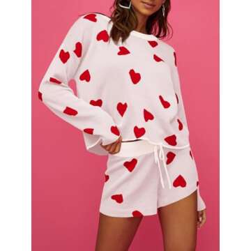 Alyweatry Women’s Valentine’s Day Pajamas Set Hearts Print Long Sleeve Knitted Sweater with Shor...