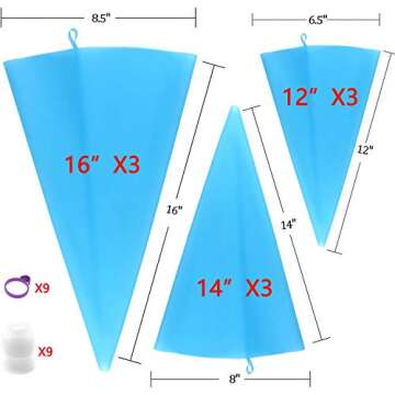 Reusable Piping Bags Set, Silicone Pastry Bags Cake Decorating Bags Frosting Piping Kit Baking Tools Cake Decorating Supplies with 3X(12’’+14’’+16’’) Silicone Bags, 9 Icing Tip Couplers, 9 Bag Ties