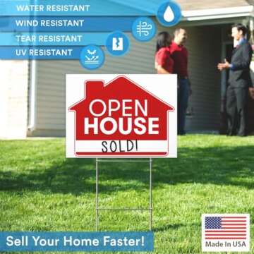 Open House Real Estate Signs – 18x24 Inches 5 Pack Set - Double Sided Red Property Yard Sign Bulk Pack - Includes 5 Heavy Duty Rust Free H Wire Stakes - Large Directional Arrows Realtor Agent Supplies
