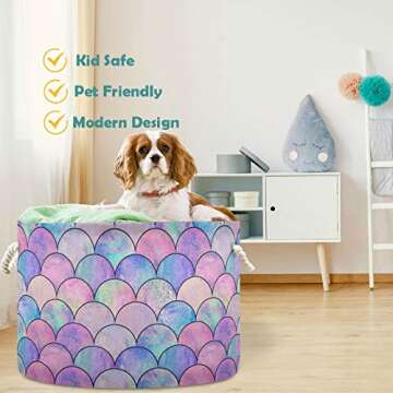 visesunny Storage Basket Magic Mermaid Scale Nursery Hamper Basket Clothes Toy Storage Organizer Bin Box Collapsible Laundry Bag for Kid Room,Playroom,Bathroom,Living Room,Dorm,Office