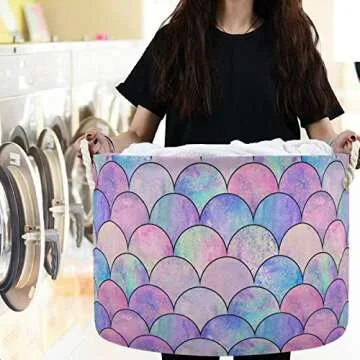 visesunny Storage Basket Magic Mermaid Scale Nursery Hamper Basket Clothes Toy Storage Organizer Bin Box Collapsible Laundry Bag for Kid Room,Playroom,Bathroom,Living Room,Dorm,Office