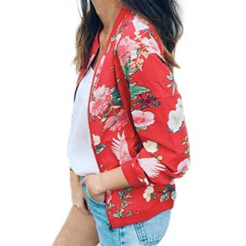 Women Retro Floral Zipper Baseball Bomber Jacket Casual Lightweight Jacket Outwear Coats For Women