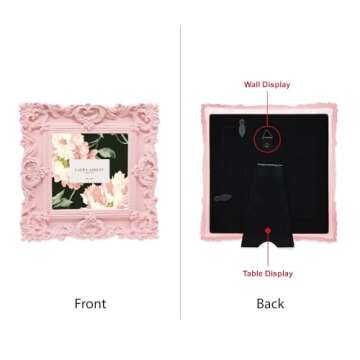 Laura Ashley 4x4 Pink Ornate Textured Hand-Crafted Resin Picture Frame with Easel & Hook for Tableto...