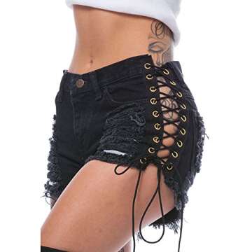 Women's Ripped Hole Denim Shorts Side Straps Sexy Mini Hot Pants(Black S)