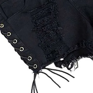 Women's Ripped Hole Denim Shorts Side Straps Sexy Mini Hot Pants(Black S)
