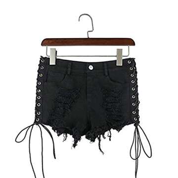Women's Ripped Hole Denim Shorts Side Straps Sexy Mini Hot Pants(Black S)
